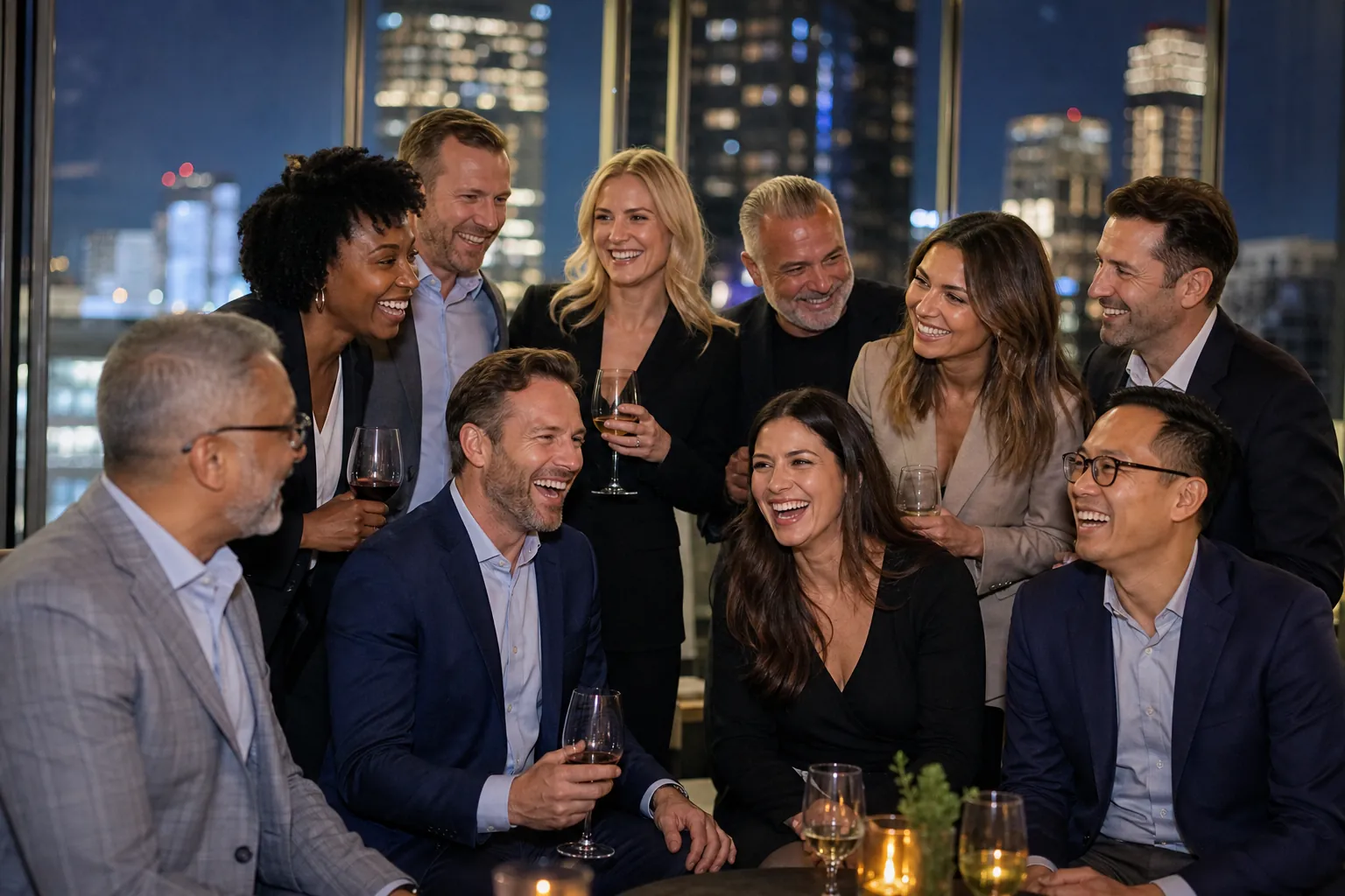 Un groupe de membres rit ensemble lors d'une soirée avec les lumières de la ville