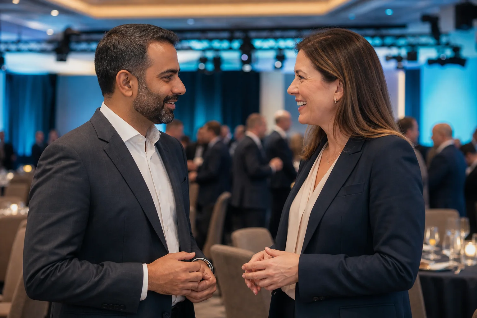 Two association members talking at an annual conference reception in a hotel ballroom