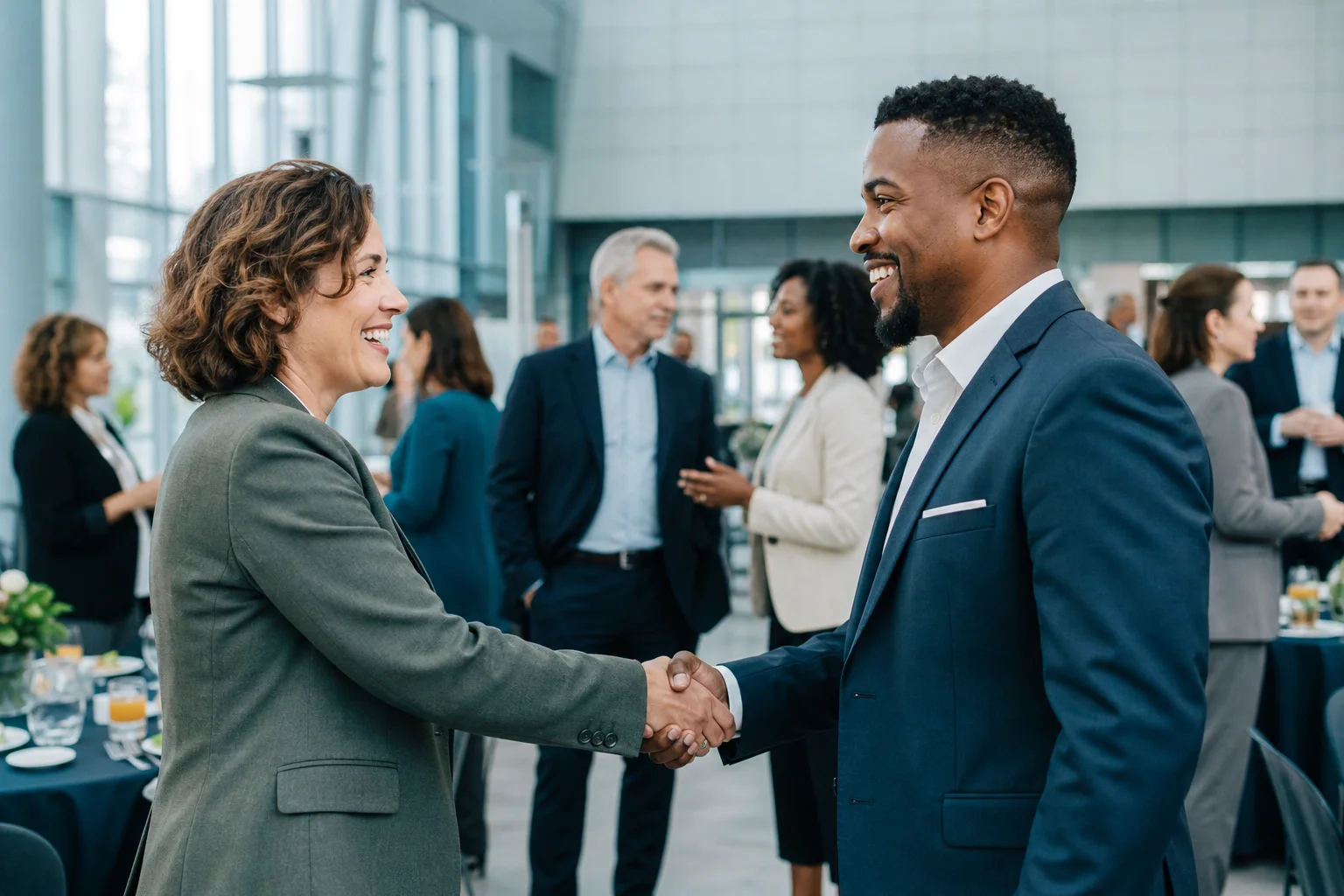 A business owner and a banker shaking hands at a chamber of commerce networking breakfast