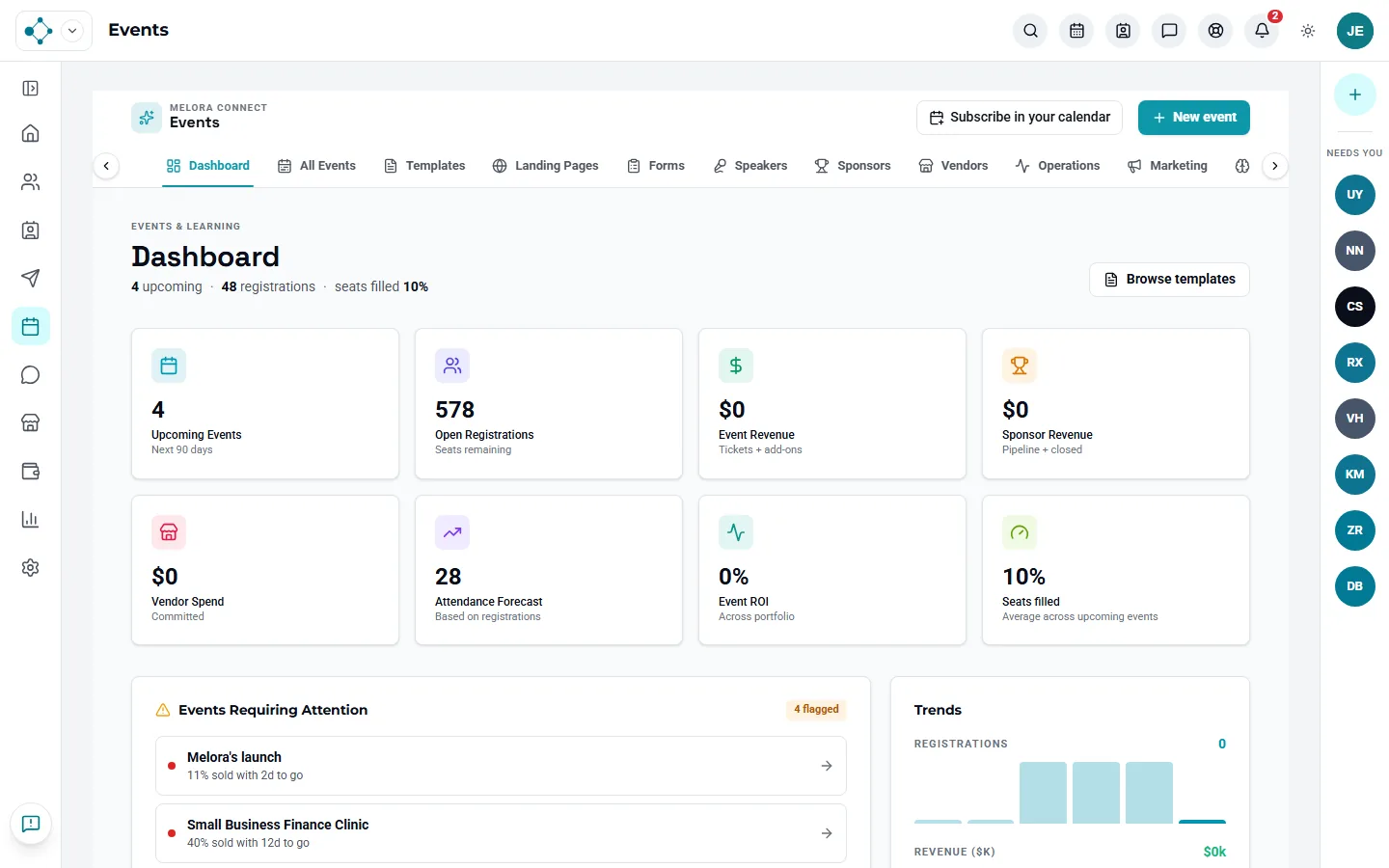The events dashboard in Melora Connect, showing upcoming events and open registrations