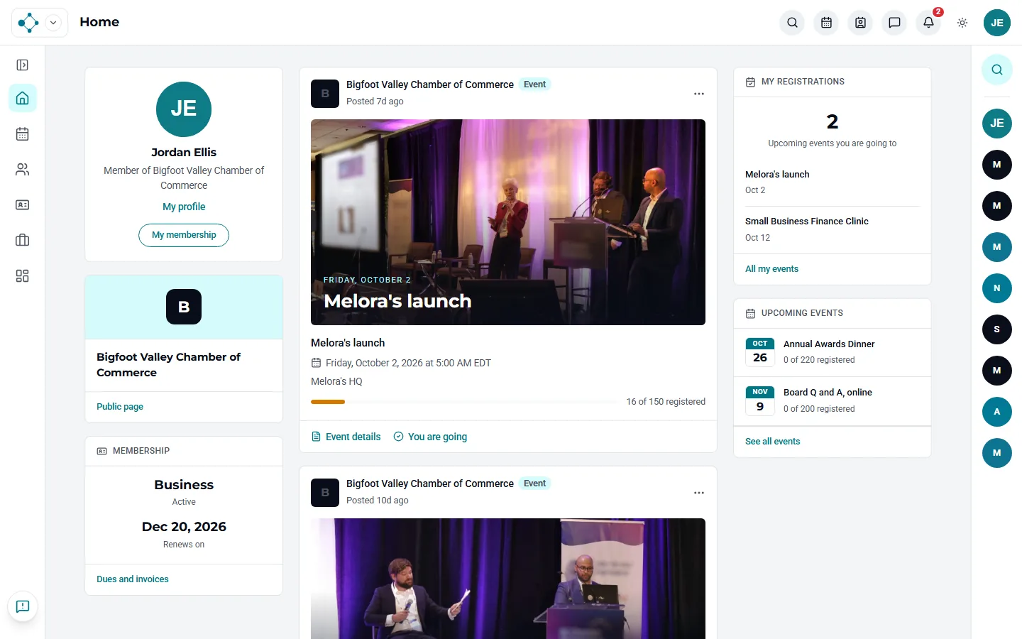 The member portal in Melora Connect, greeting a member with their upcoming events and renewal date