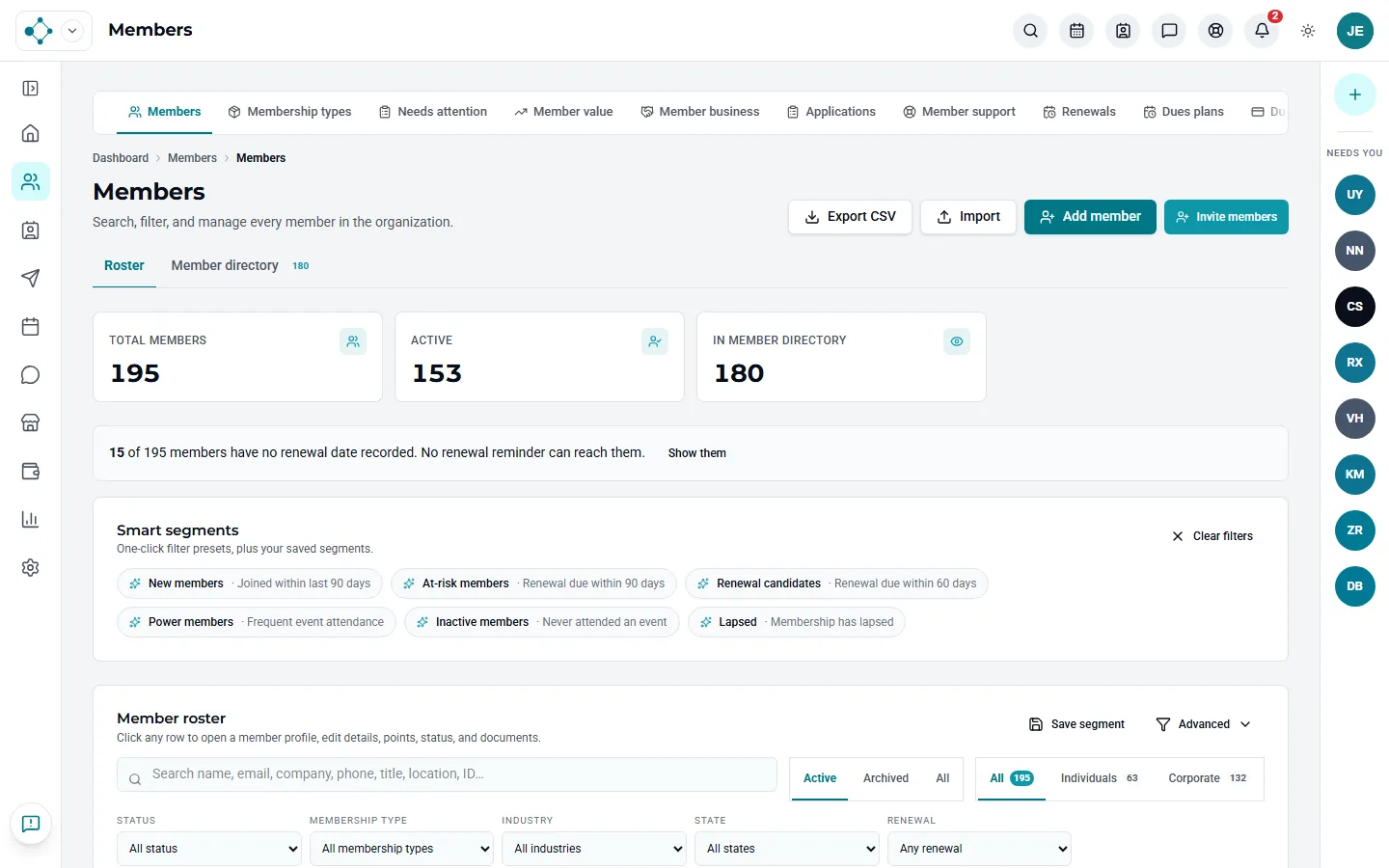 The member roster in Melora Connect, showing total, active, and publicly visible members and smart segments