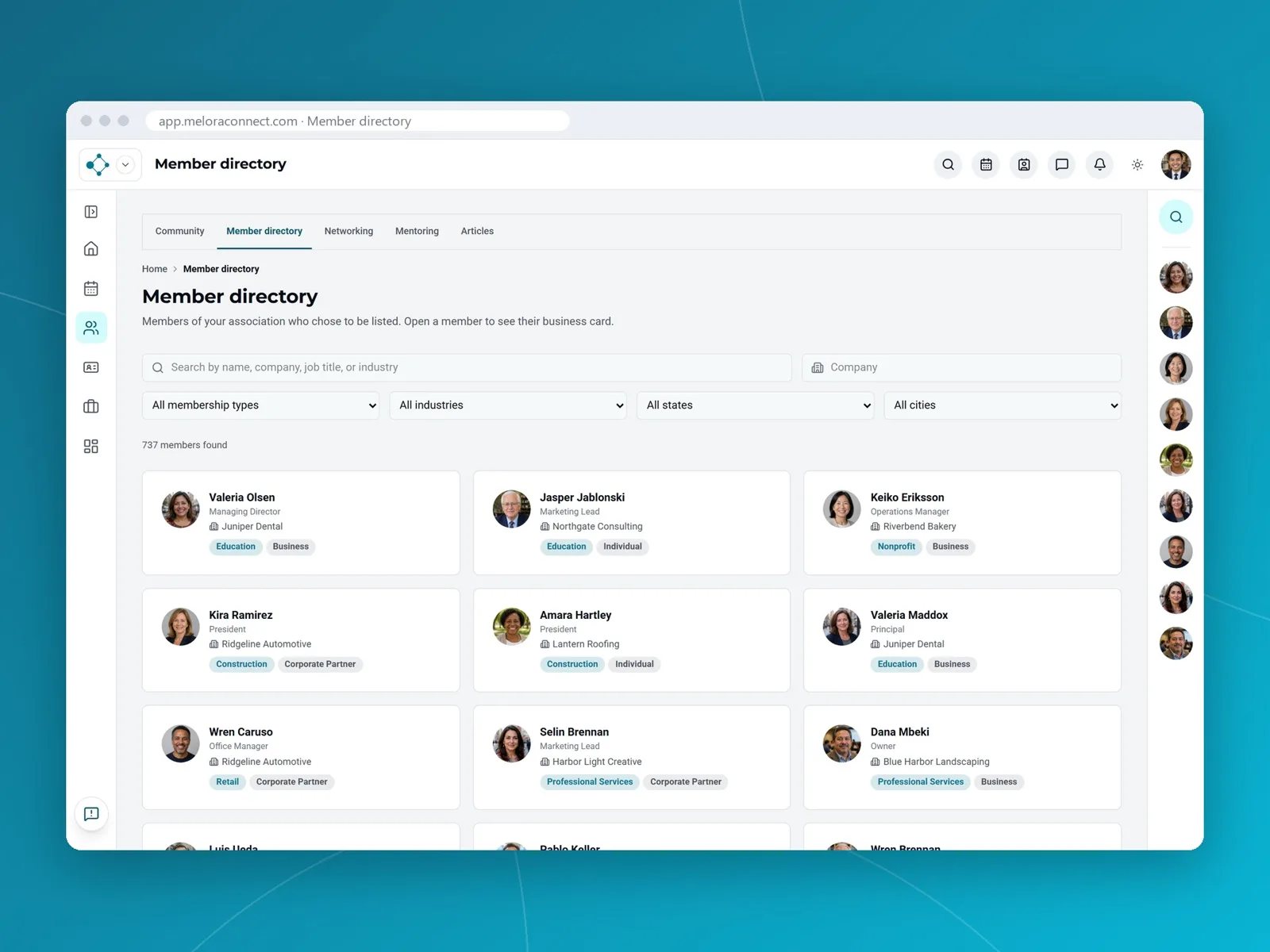 The member directory in Melora Connect: members with their photos, titles, companies and membership types