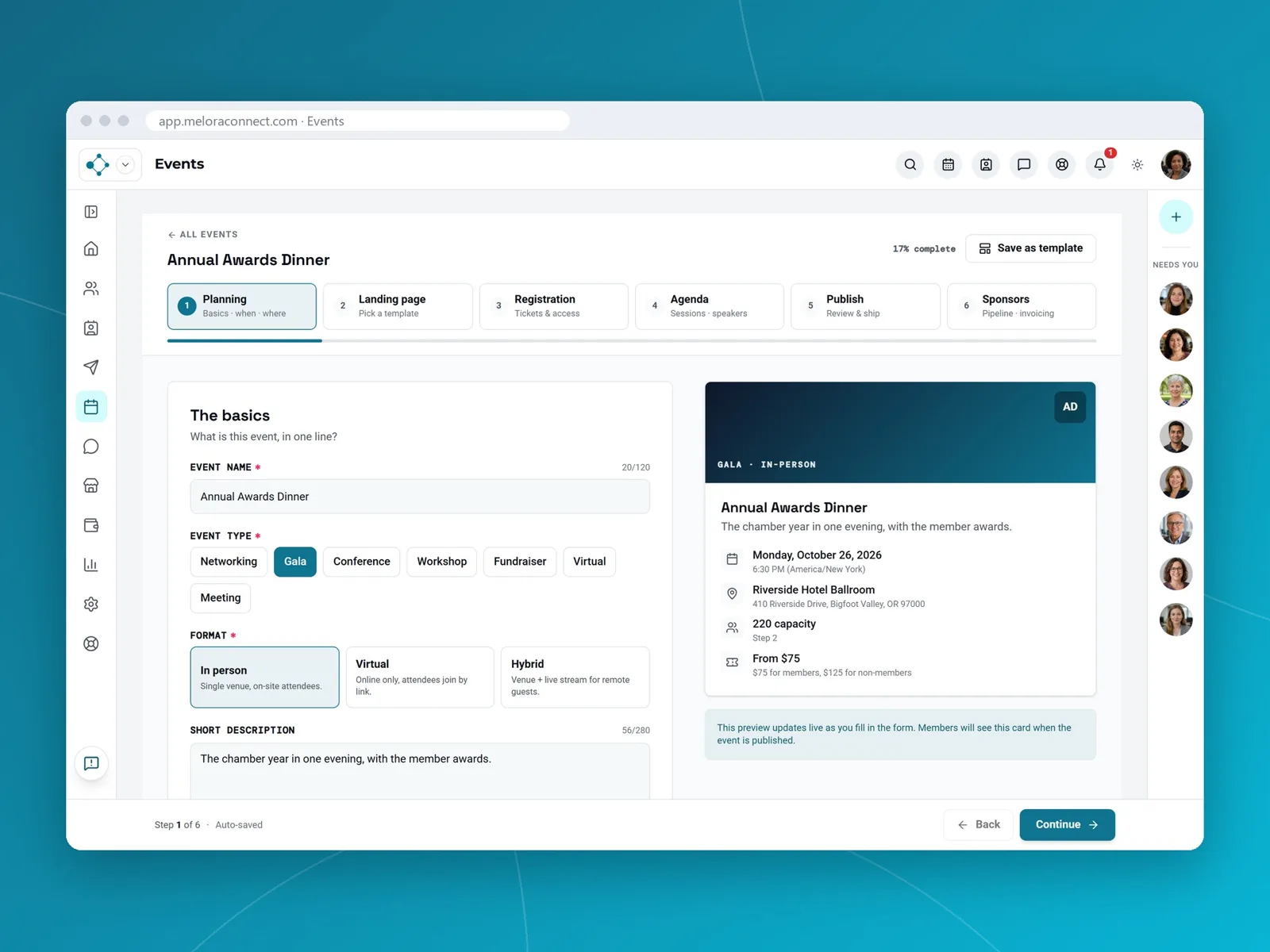 The event builder in Melora Connect: planning the Annual Awards Dinner with event type, format and a live preview of the event card