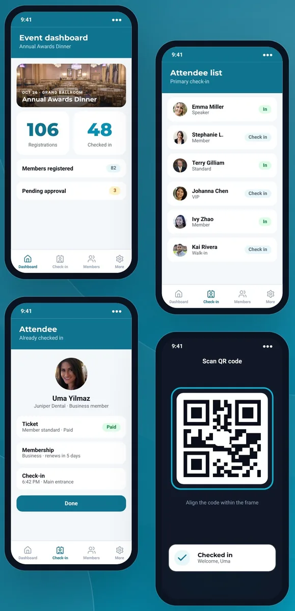 Four screens of the Melora Connect HQ staff app: an event dashboard, the attendee list, an attendee checked in, and a QR code scanner