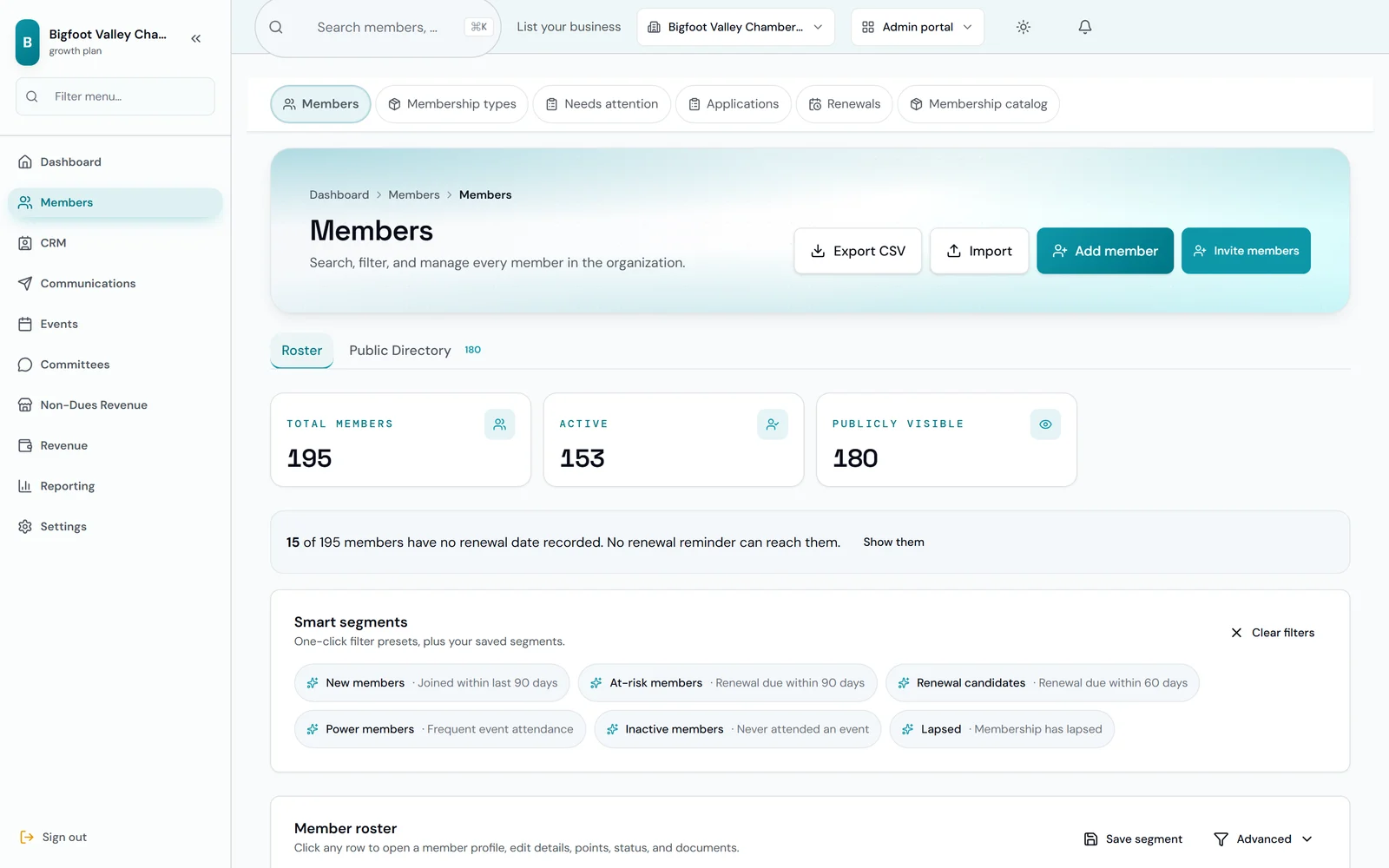 Melora Connect member list for a demo chamber: total, active and publicly visible members, with smart segments